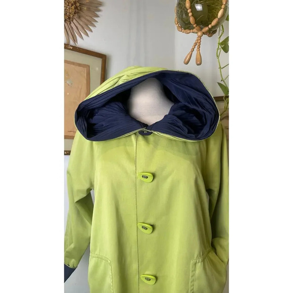 VTG Reversible Coat Navy Green Oversized Hooded Raincoat Classic Outwear Jacket - Picture 5 of 10